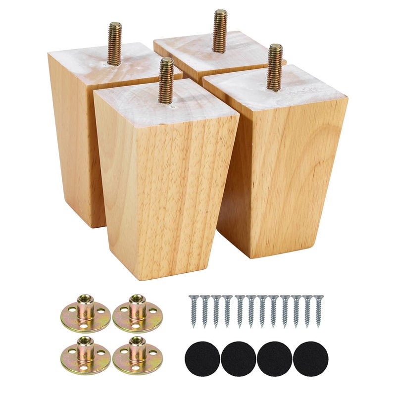 Maricome 4 Inch Sofa Legs Set of 4 Replacement Feet for Couch Wood Furniture Legs Pre-Installed M8 Bolt Screw in Heavy Duty Pyramid Square - Image 1